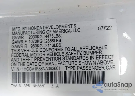 2022 Honda Accord Sport from USA, damaged, VIN 1HGCV1F38NA063601